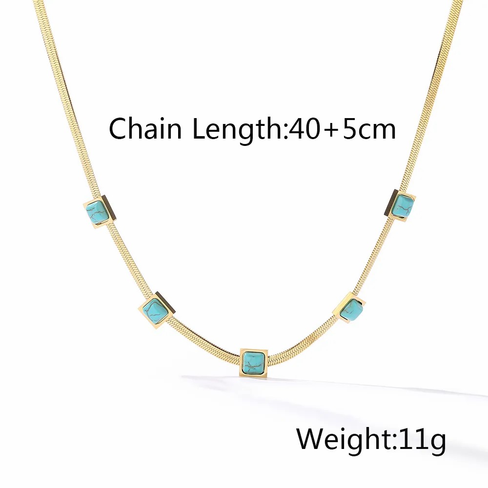 Retro Square Titanium Steel Plating Inlay Turquoise 18K Gold Plated Necklace_colorza_1