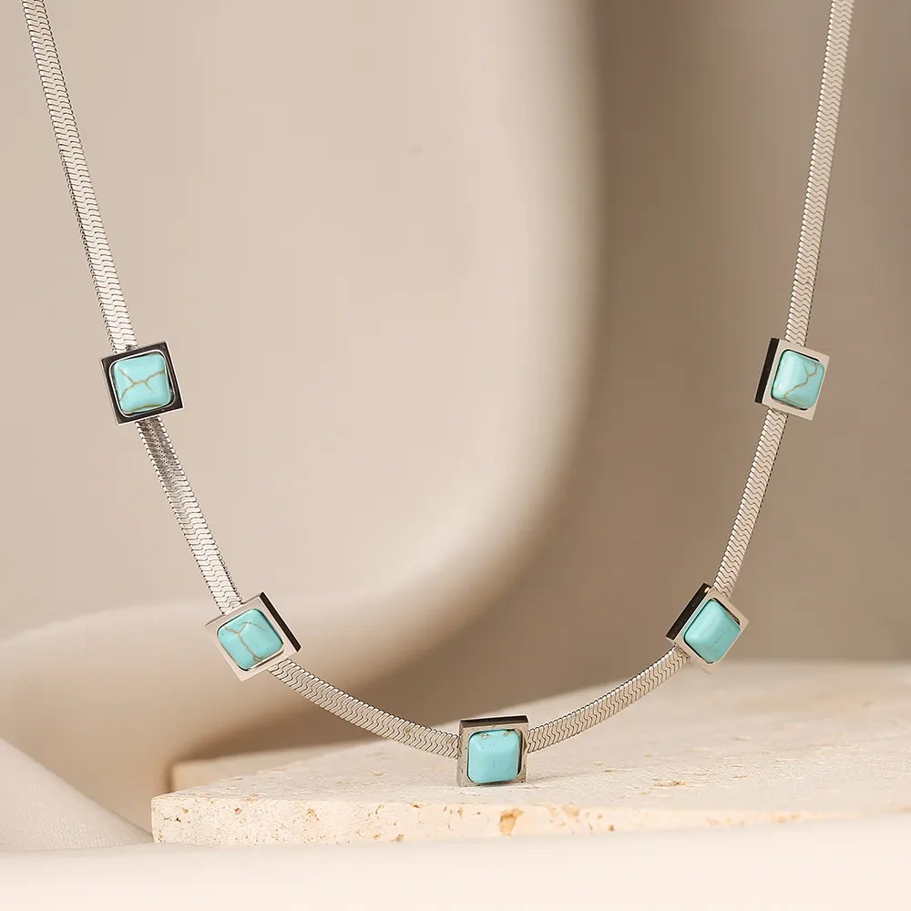 Retro Square Titanium Steel Plating Inlay Turquoise 18K Gold Plated Necklace_colorza_3