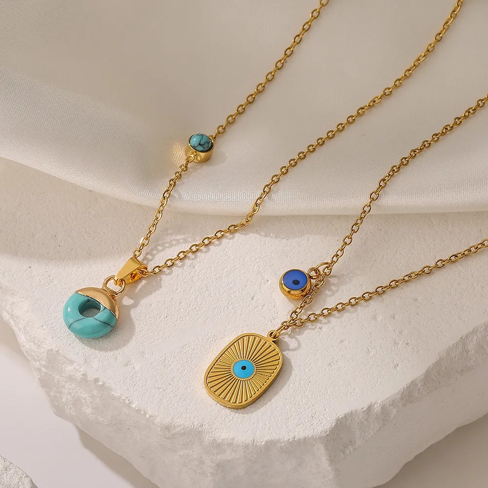 Simple Style Commute Circle Eye Titanium Steel Plating Inlay Turquoise 18K Gold Plated Pendant Necklace_colorza_2