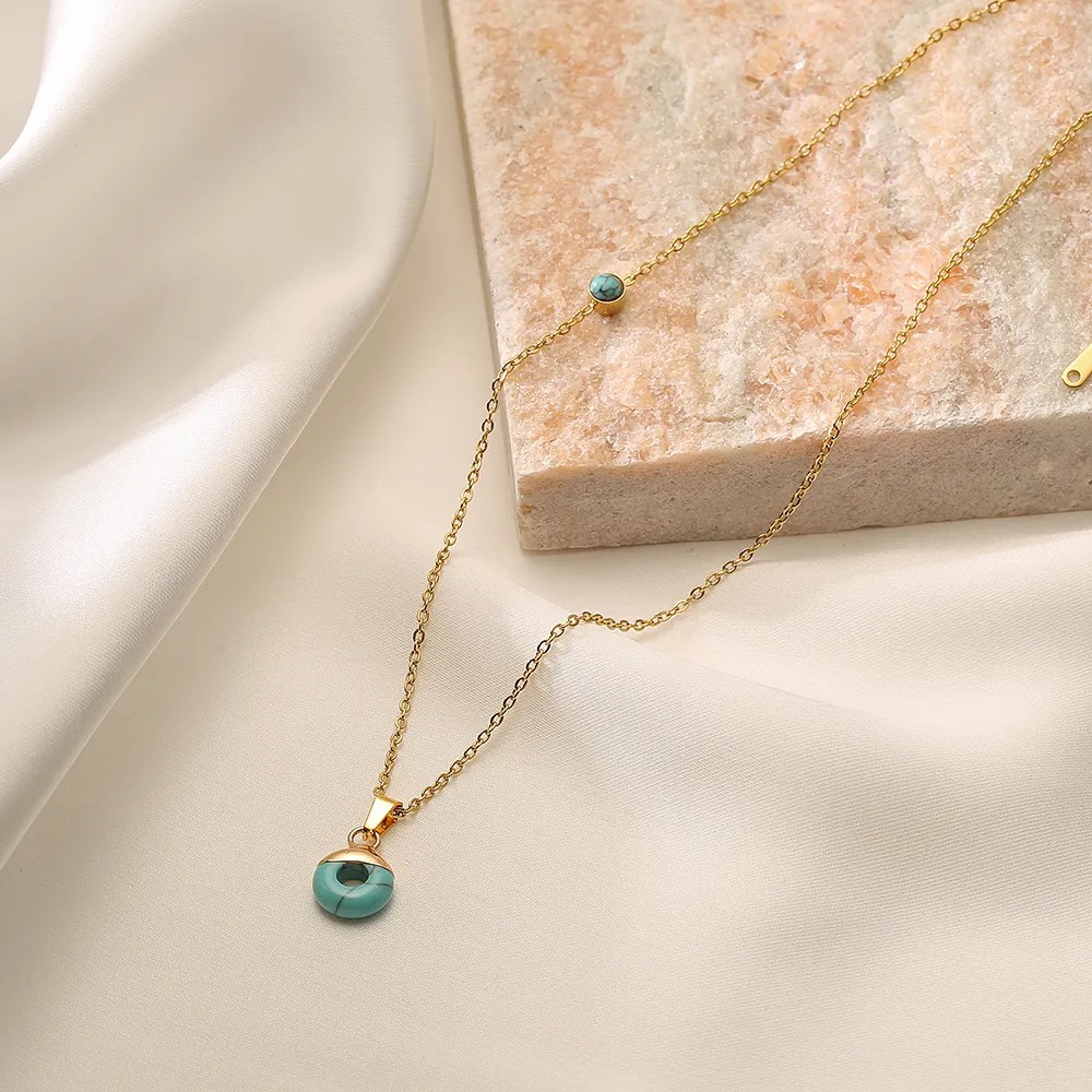 Simple Style Commute Circle Eye Titanium Steel Plating Inlay Turquoise 18K Gold Plated Pendant Necklace_colorza_4