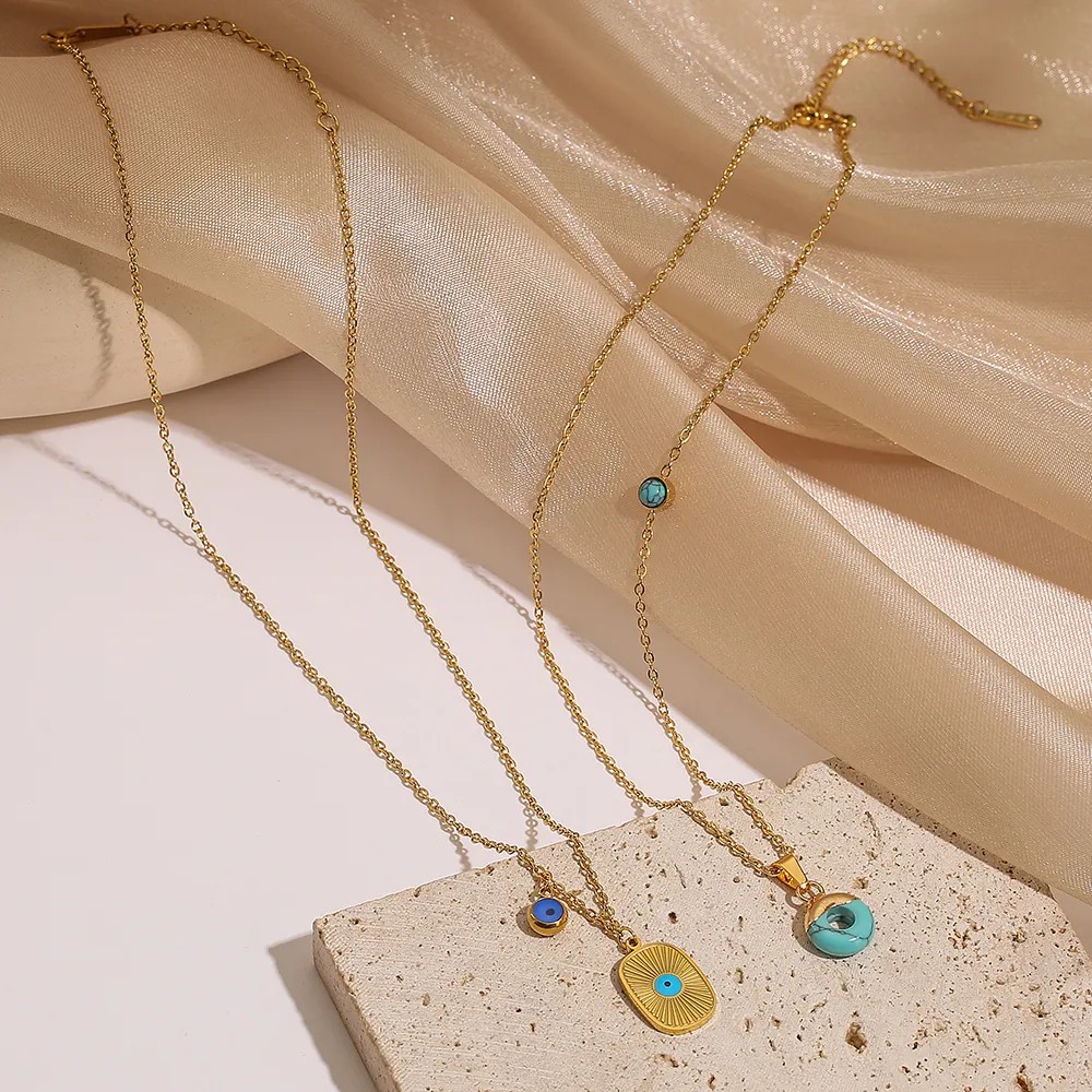Simple Style Commute Circle Eye Titanium Steel Plating Inlay Turquoise 18K Gold Plated Pendant Necklace_colorza_5