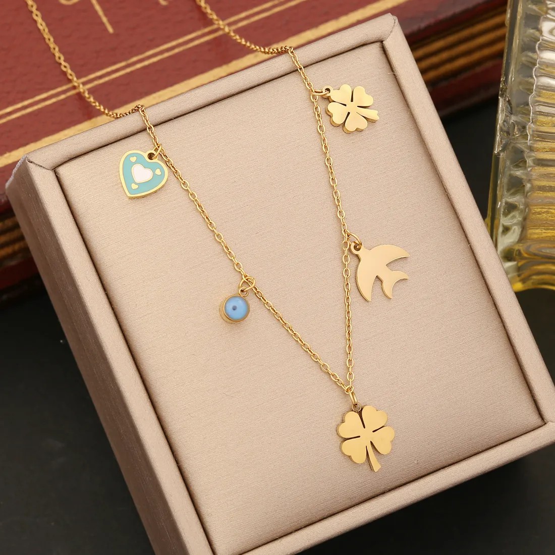 Simple Style Commute Animal Devil'S Eye Heart Shape Stainless Steel Enamel Inlay Shell Zircon Pendant Necklace_colorza_7