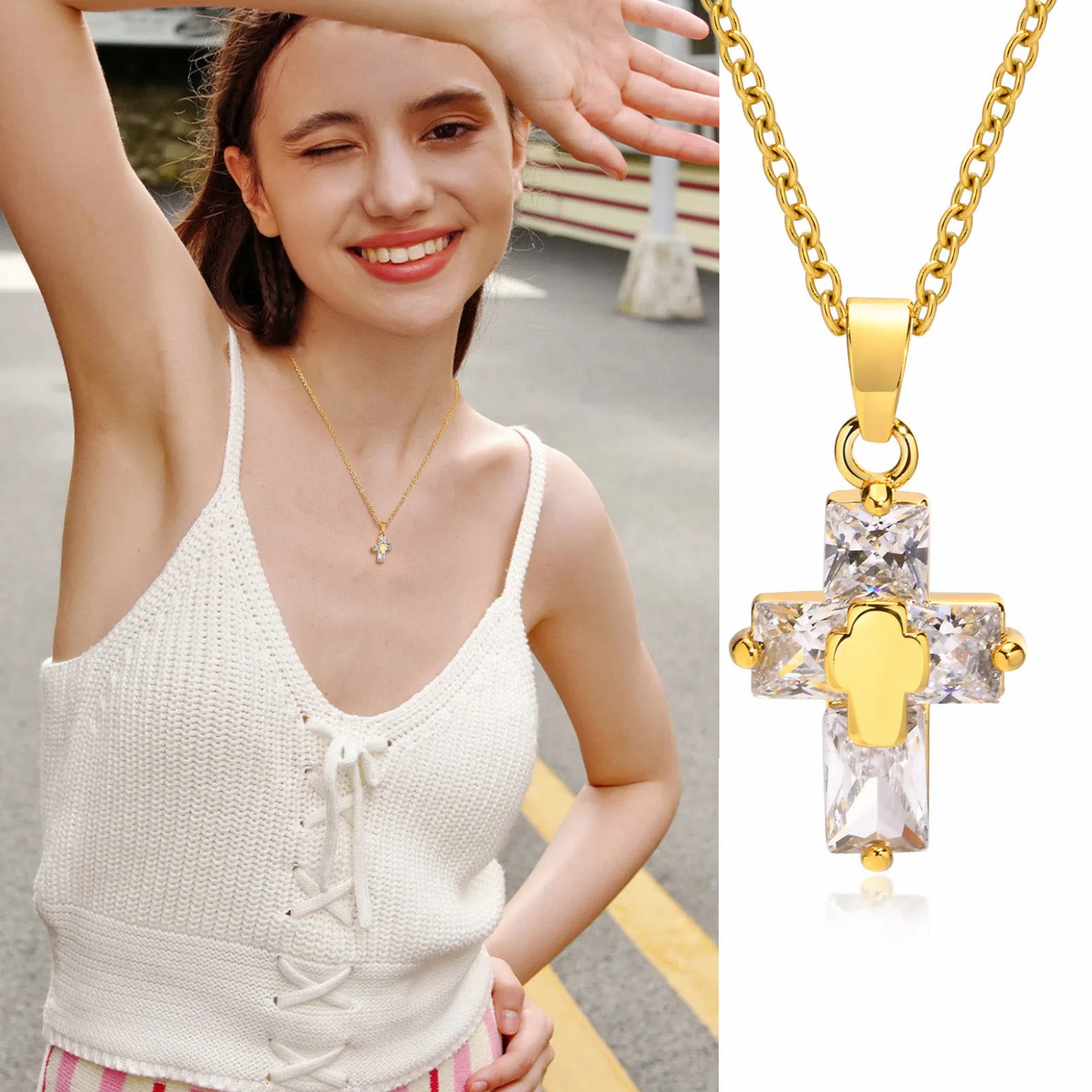 INS Style Casual Cross Stainless Steel Plating Inlay Zircon 18K Gold Plated Necklace Pendant_colorza_5