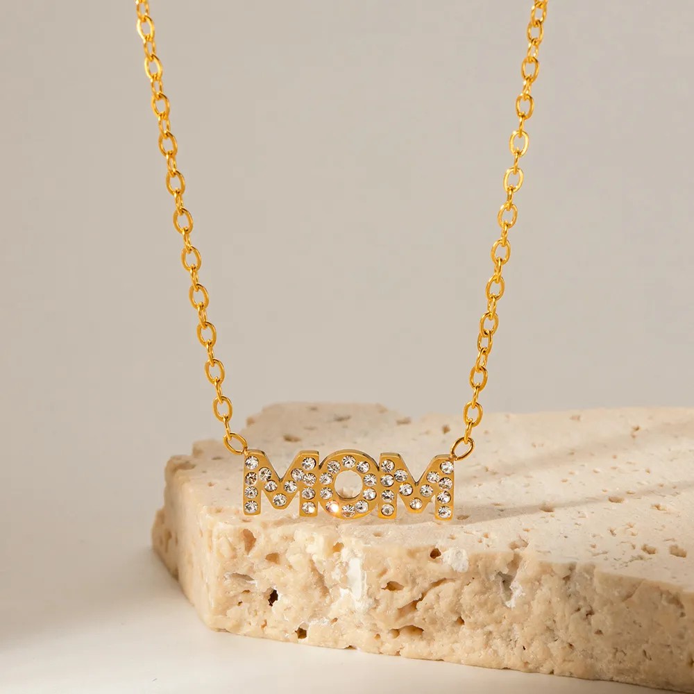 INS Style MAMA Simple Style Letter Stainless Steel Plating Hollow Out Inlay Zircon 18K Gold Plated Necklace_colorza_1