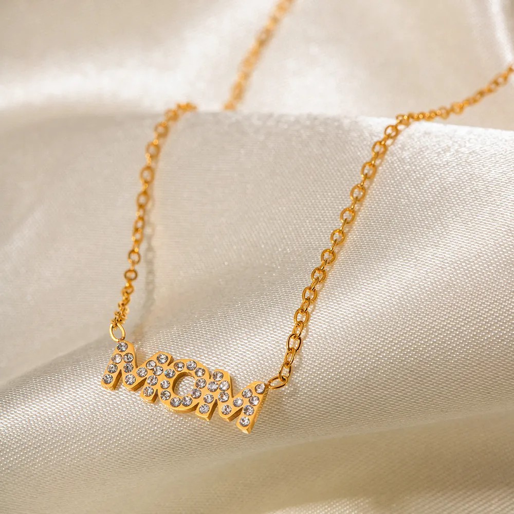 INS Style MAMA Simple Style Letter Stainless Steel Plating Hollow Out Inlay Zircon 18K Gold Plated Necklace_colorza_3