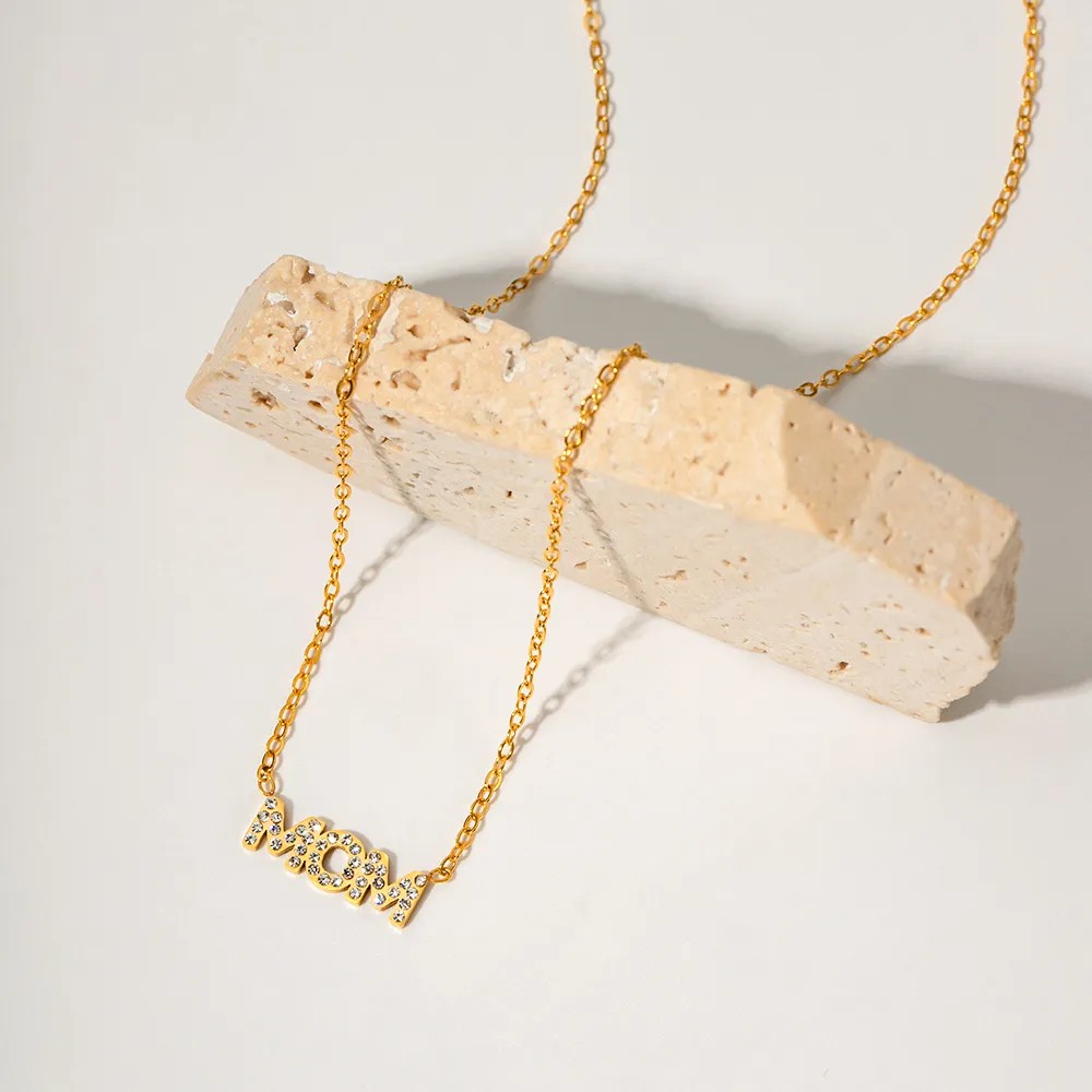 INS Style MAMA Simple Style Letter Stainless Steel Plating Hollow Out Inlay Zircon 18K Gold Plated Necklace_colorza_6