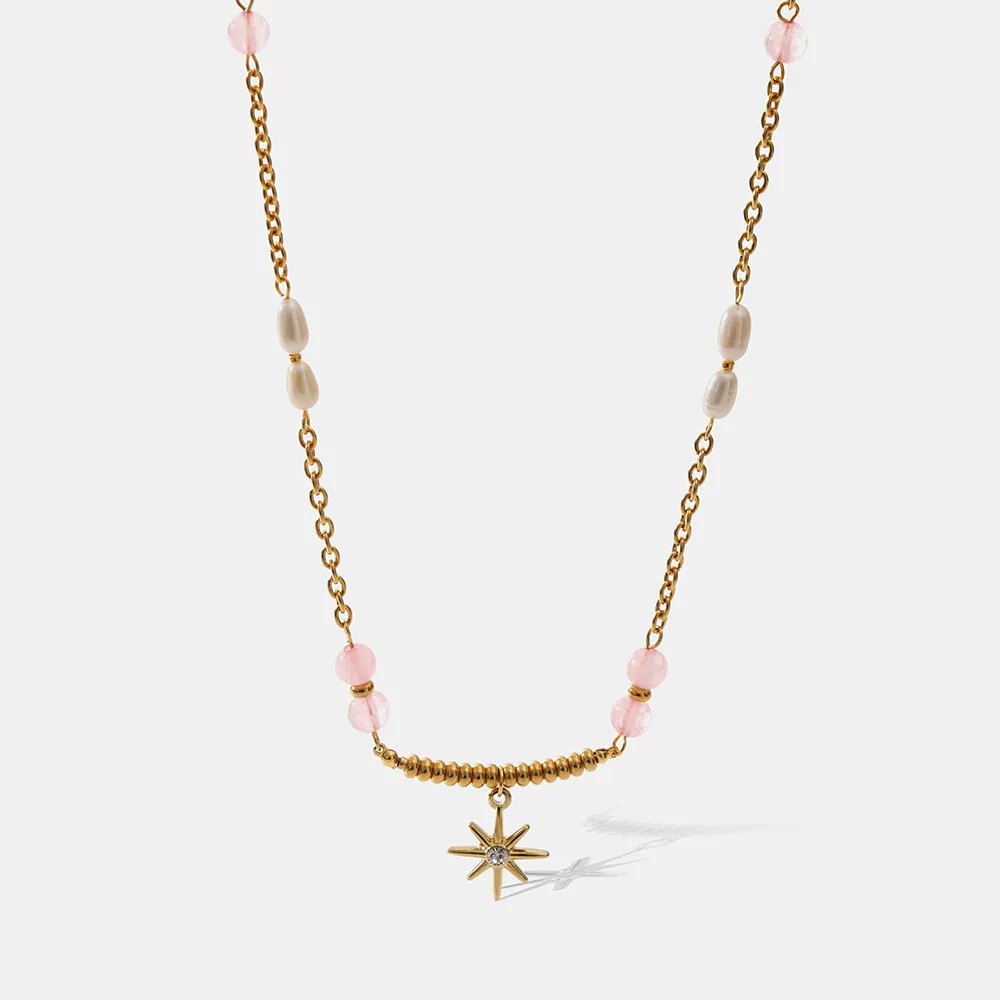 Elegant Vacation Star Stainless Steel Freshwater Pearl Plating Inlay Zircon 18K Gold Plated Pendant Necklace_colorza_1
