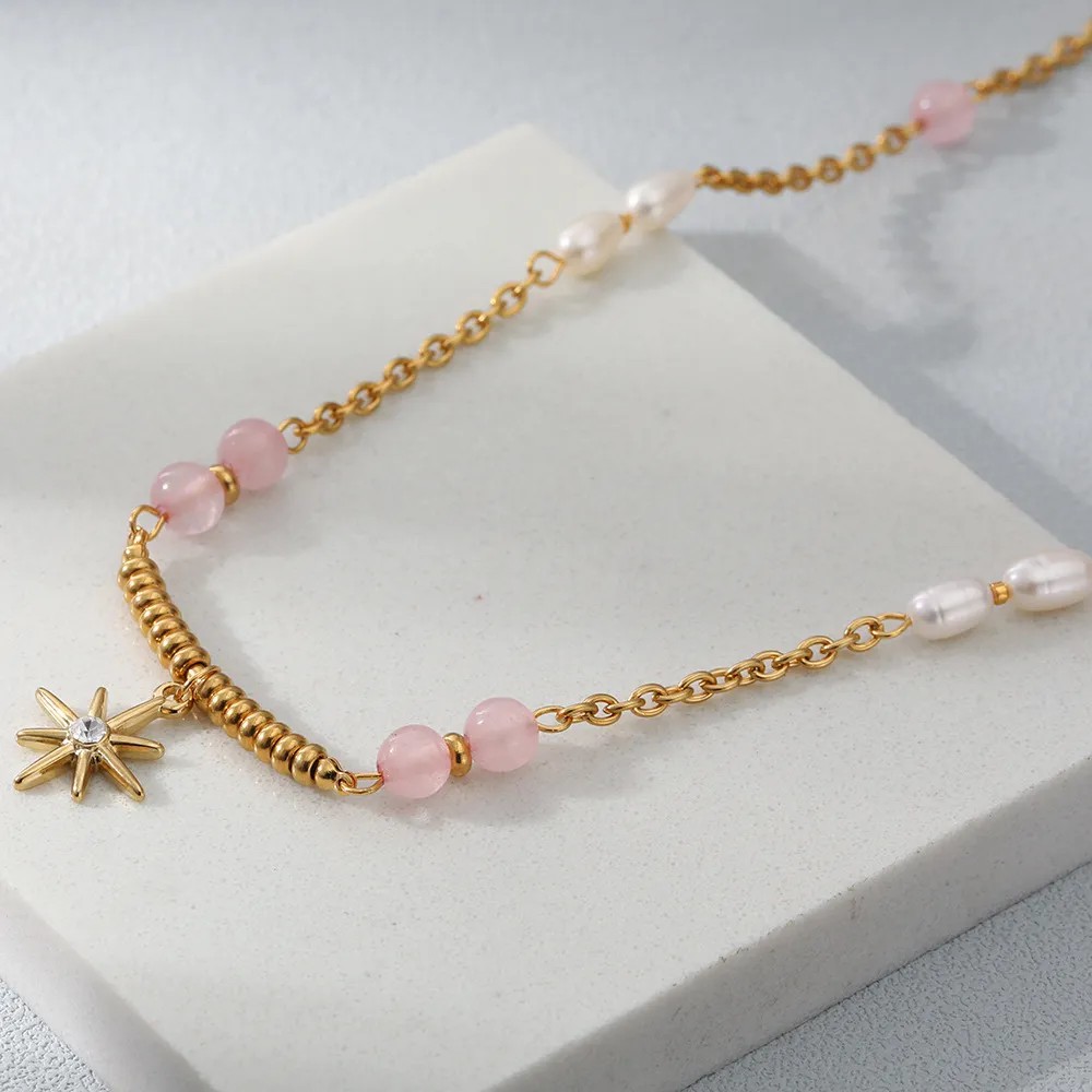 Elegant Vacation Star Stainless Steel Freshwater Pearl Plating Inlay Zircon 18K Gold Plated Pendant Necklace_colorza_2