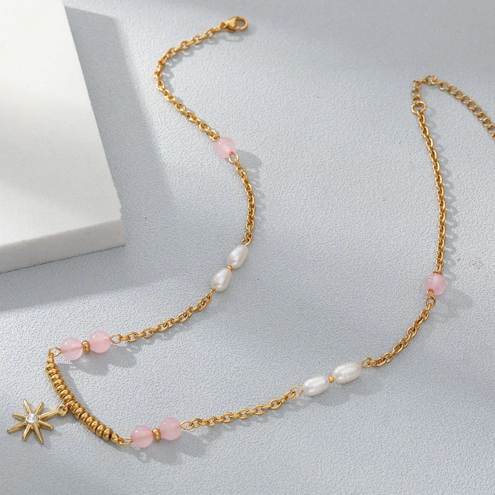 Elegant Vacation Star Stainless Steel Freshwater Pearl Plating Inlay Zircon 18K Gold Plated Pendant Necklace_colorza_3