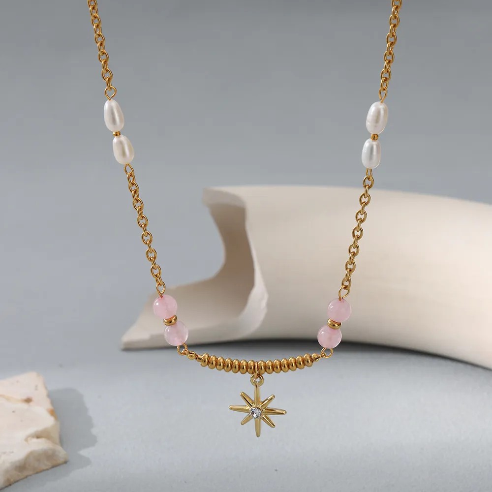 Elegant Vacation Star Stainless Steel Freshwater Pearl Plating Inlay Zircon 18K Gold Plated Pendant Necklace_colorza_4