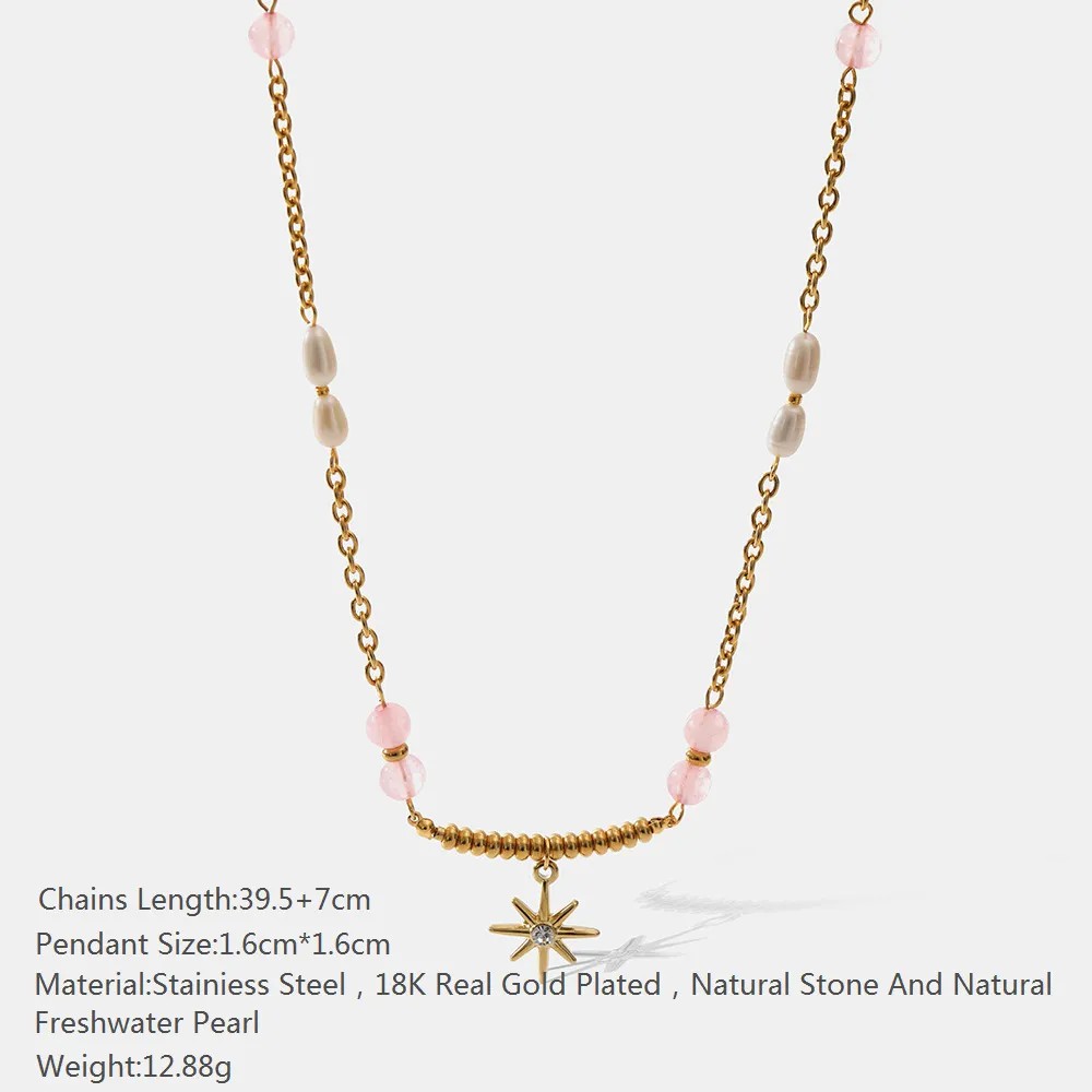 Elegant Vacation Star Stainless Steel Freshwater Pearl Plating Inlay Zircon 18K Gold Plated Pendant Necklace_colorza_5