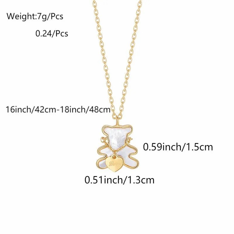 INS Style Cute Little Bear Heart Shape Bow Knot Titanium Steel Plating Inlay Artificial Leather Shell 18K Gold Plated Pendant Necklace_colorza_1