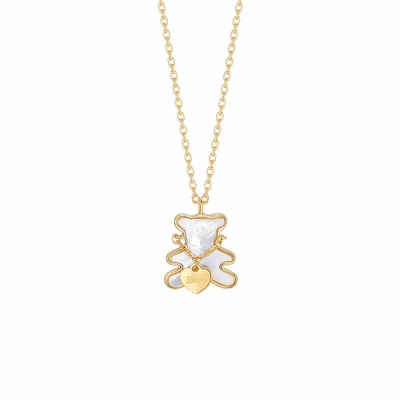 INS Style Cute Little Bear Heart Shape Bow Knot Titanium Steel Plating Inlay Artificial Leather Shell 18K Gold Plated Pendant Necklace_colorza_2