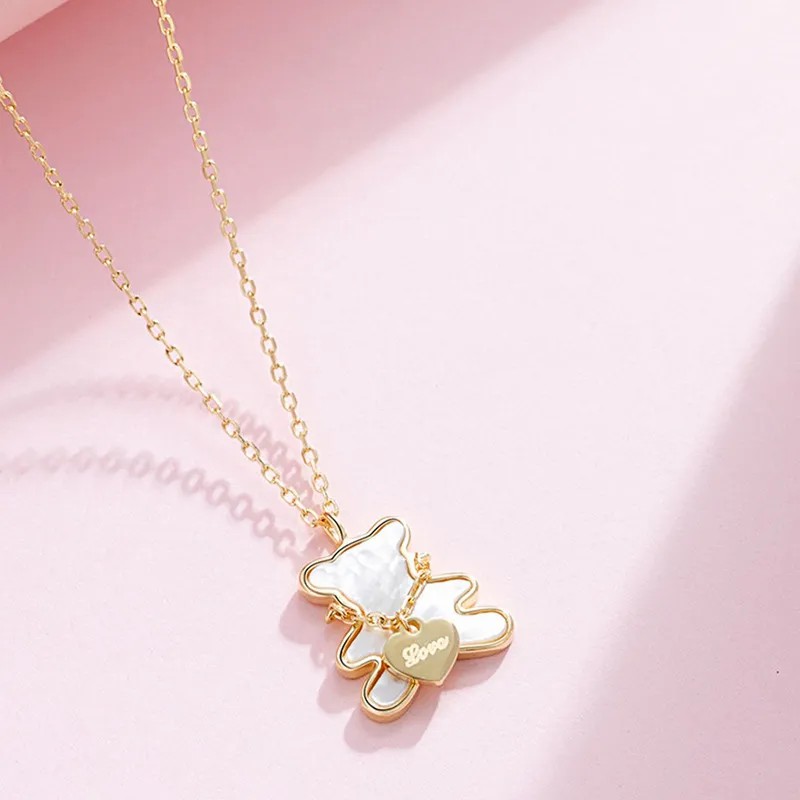 INS Style Cute Little Bear Heart Shape Bow Knot Titanium Steel Plating Inlay Artificial Leather Shell 18K Gold Plated Pendant Necklace_colorza_3