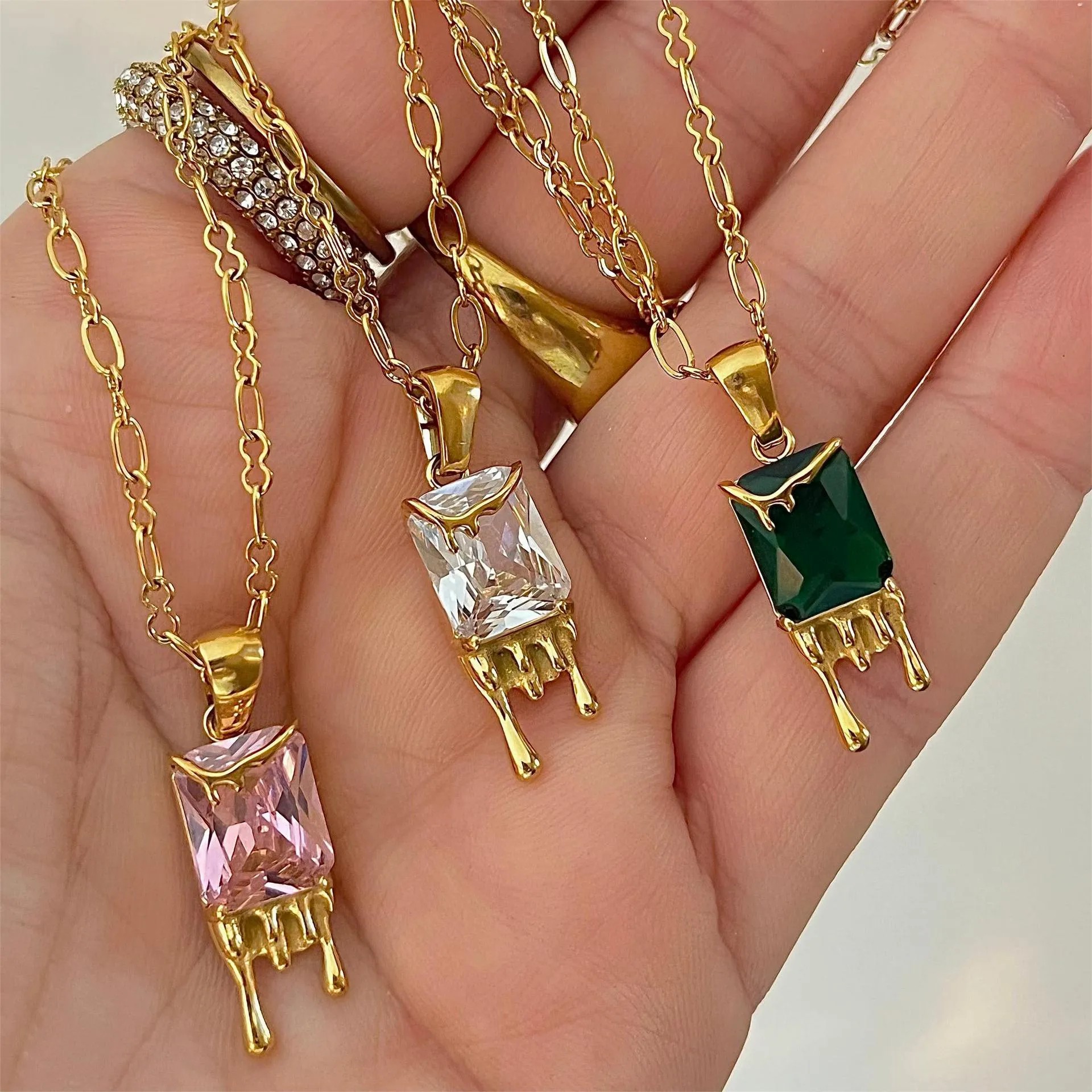 Casual Retro Water Droplets Rectangle Stainless Steel Plating Inlay Zircon 18K Gold Plated Pendant Necklace_colorza_1