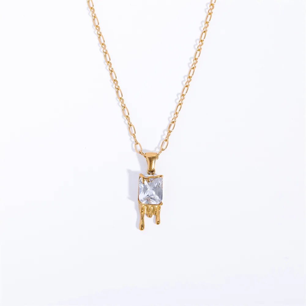 Casual Retro Water Droplets Rectangle Stainless Steel Plating Inlay Zircon 18K Gold Plated Pendant Necklace_colorza_2