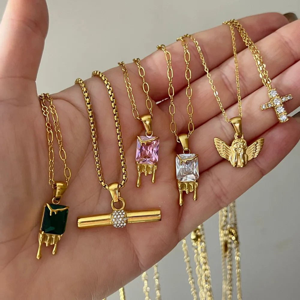 Casual Retro Water Droplets Rectangle Stainless Steel Plating Inlay Zircon 18K Gold Plated Pendant Necklace_colorza_3