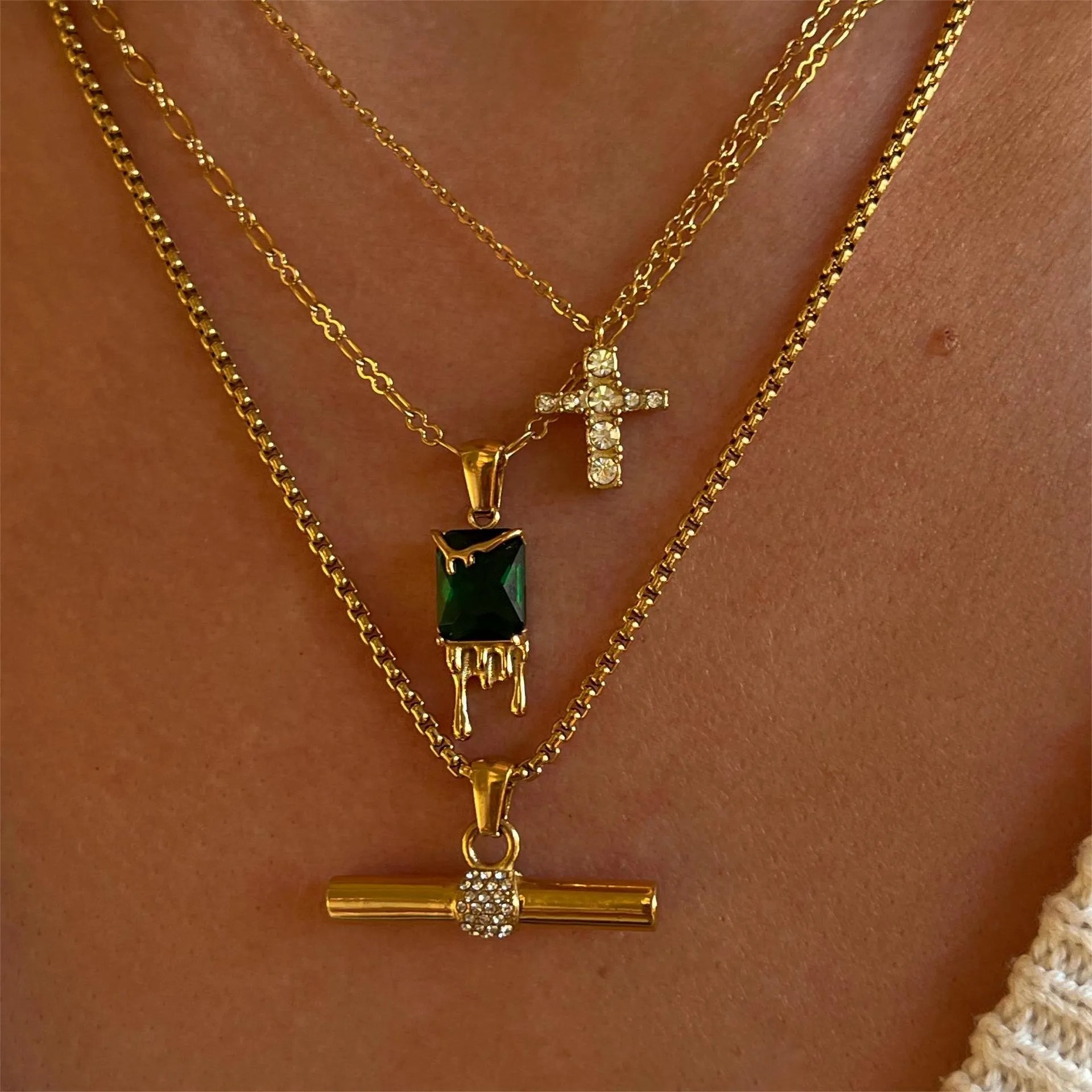 Casual Retro Water Droplets Rectangle Stainless Steel Plating Inlay Zircon 18K Gold Plated Pendant Necklace_colorza_4