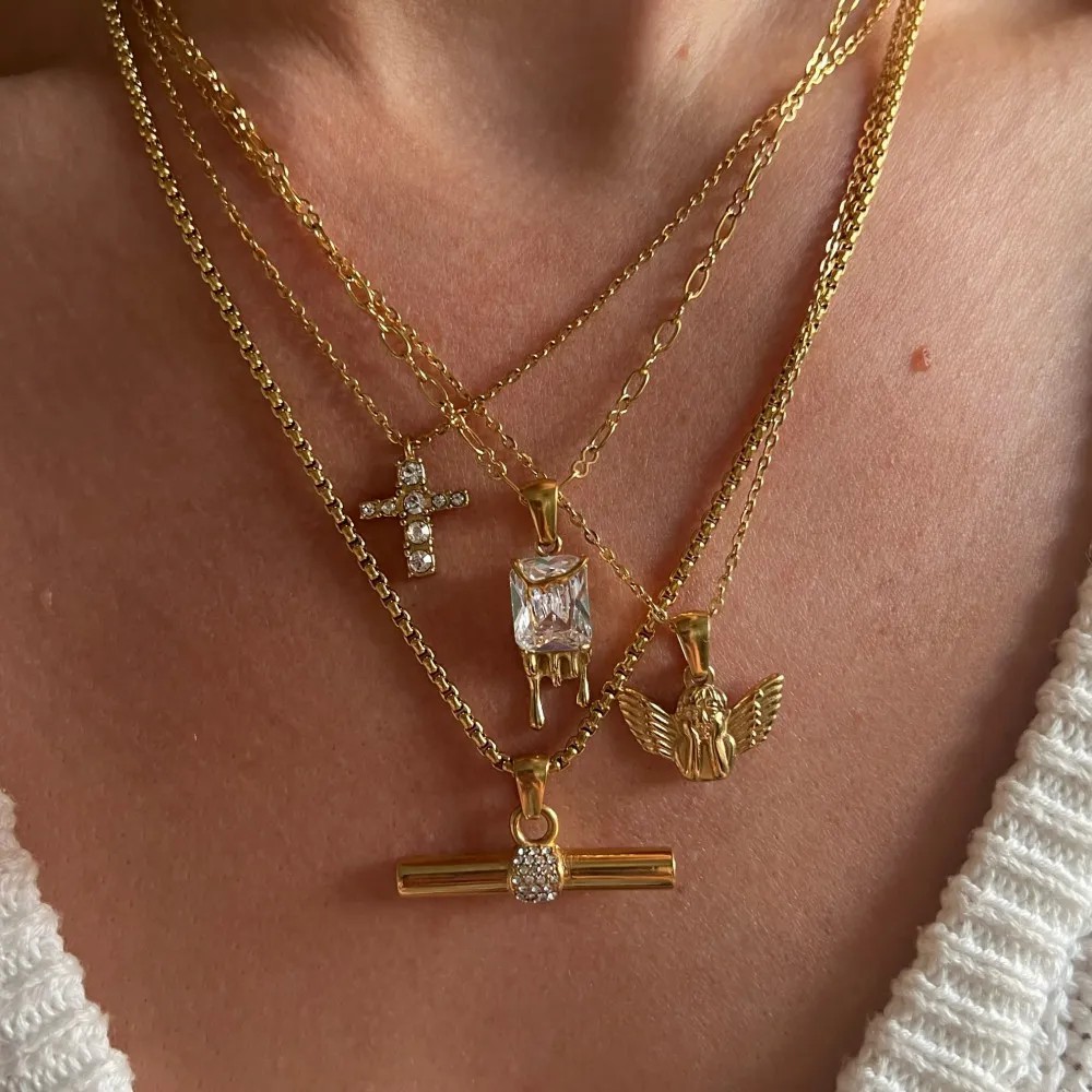 Casual Retro Water Droplets Rectangle Stainless Steel Plating Inlay Zircon 18K Gold Plated Pendant Necklace_colorza_5