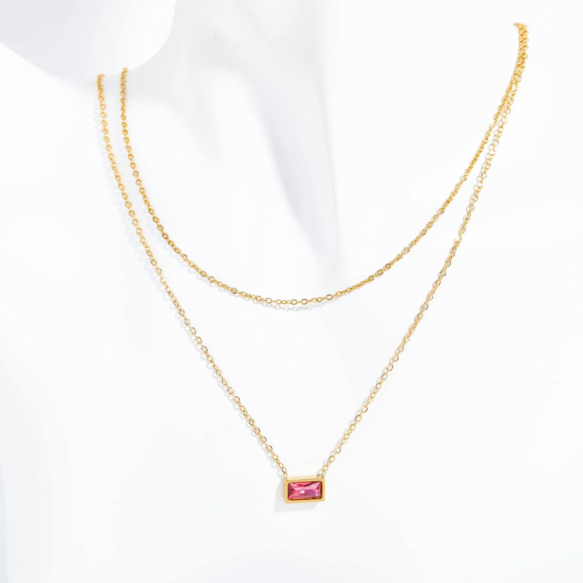 Simple Style Rectangle Titanium Steel Plating Inlay Birthstone Zircon 18K Gold Plated Layered Necklaces_colorza_1