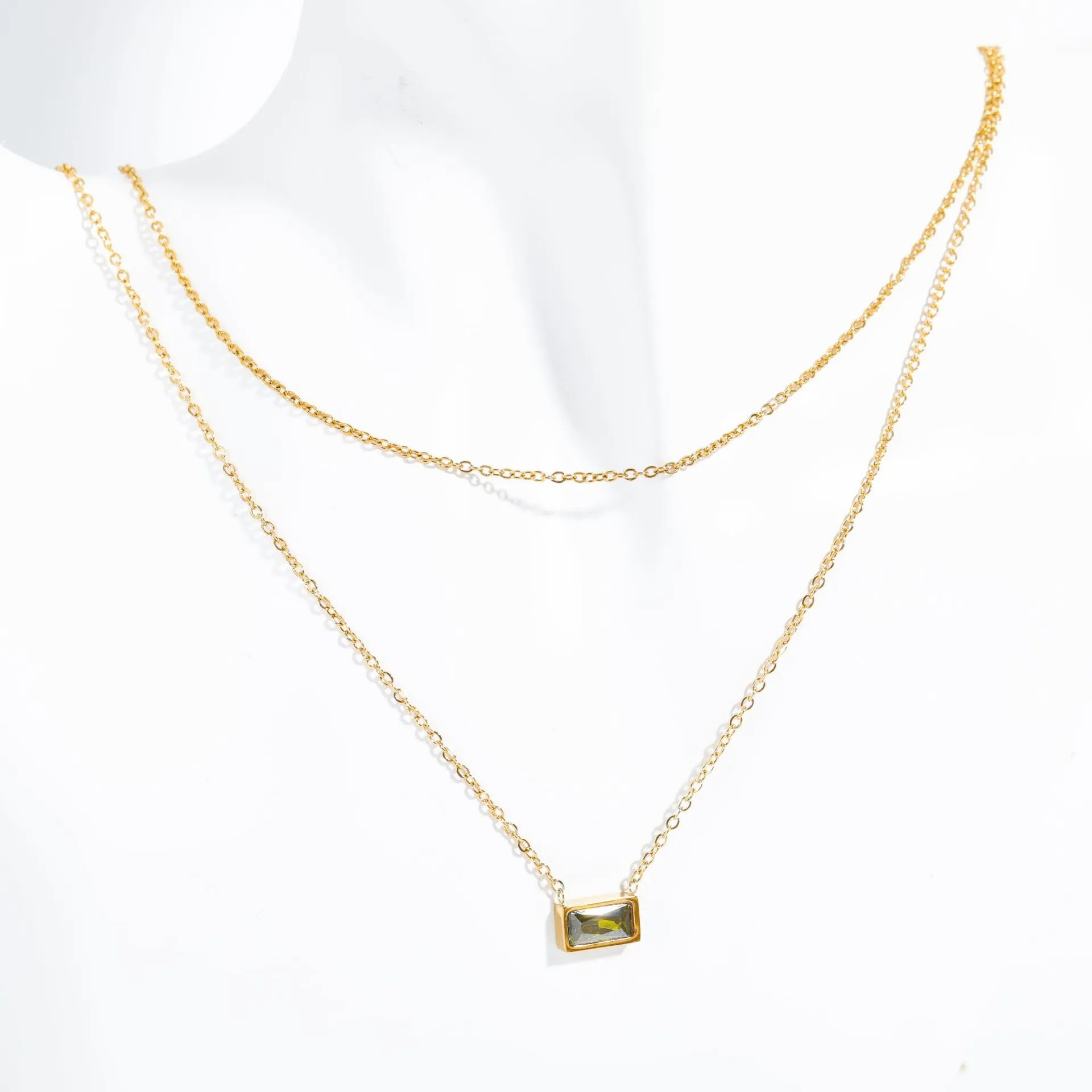 Simple Style Rectangle Titanium Steel Plating Inlay Birthstone Zircon 18K Gold Plated Layered Necklaces_colorza_2