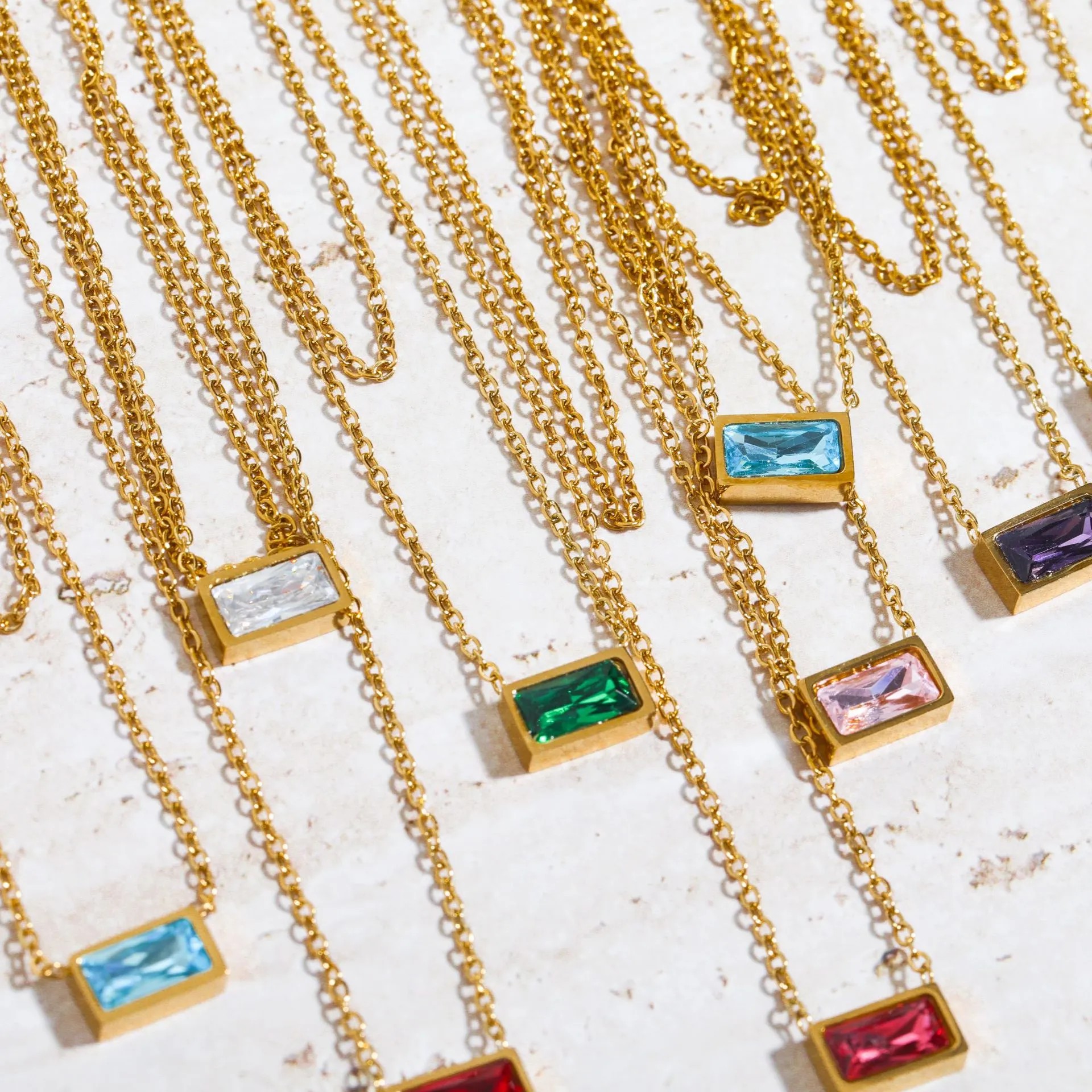 Simple Style Rectangle Titanium Steel Plating Inlay Birthstone Zircon 18K Gold Plated Layered Necklaces_colorza_3