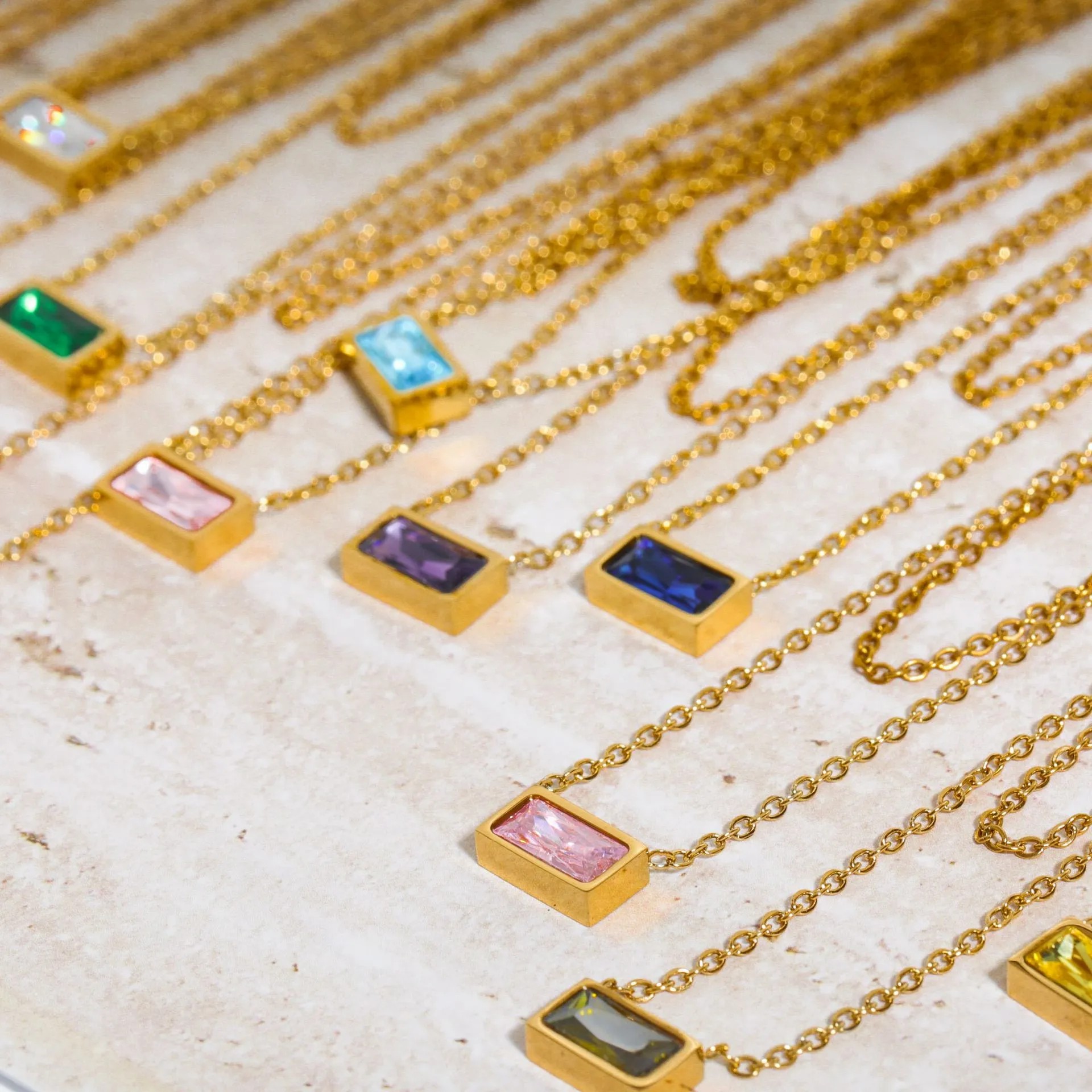 Simple Style Rectangle Titanium Steel Plating Inlay Birthstone Zircon 18K Gold Plated Layered Necklaces_colorza_4