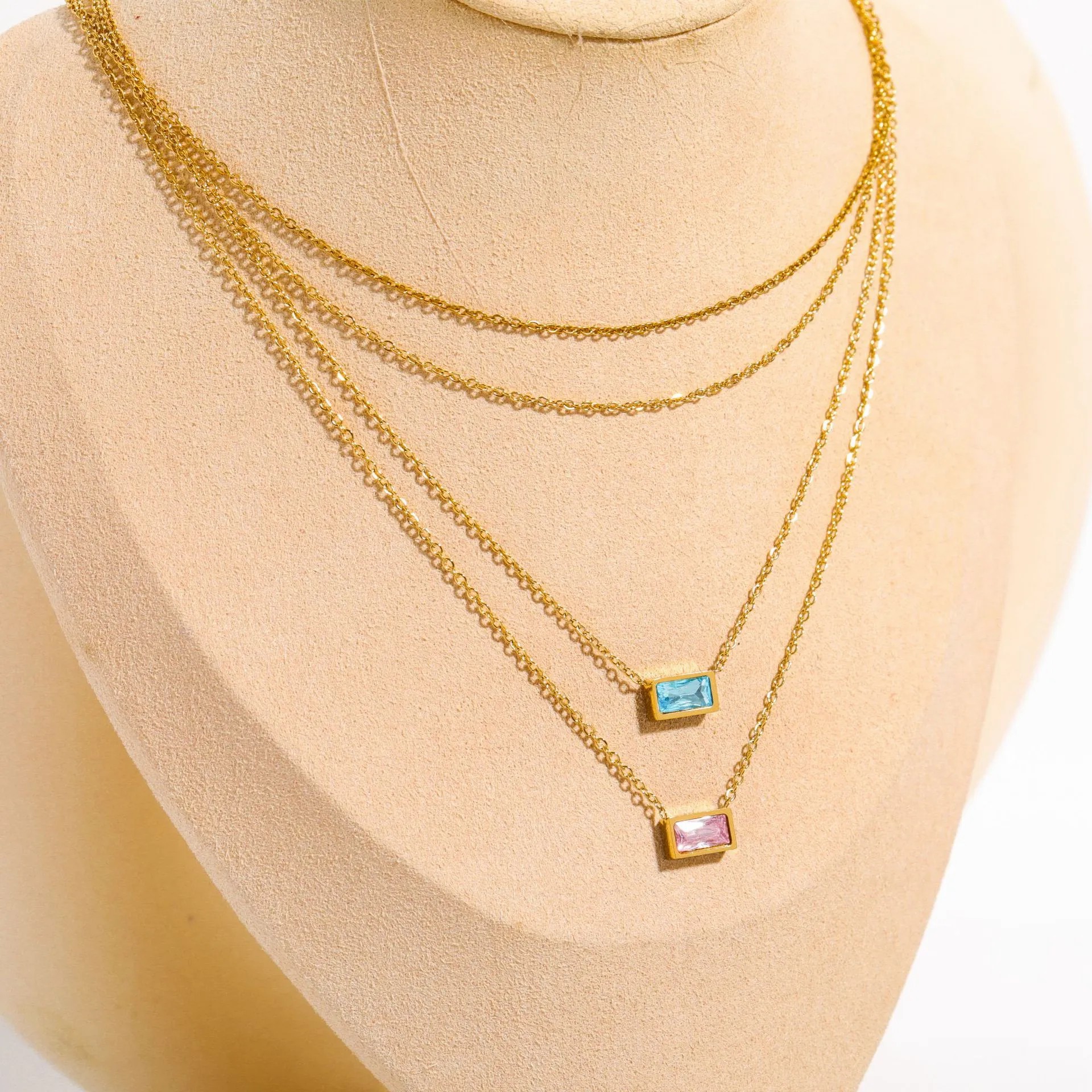 Simple Style Rectangle Titanium Steel Plating Inlay Birthstone Zircon 18K Gold Plated Layered Necklaces_colorza_5
