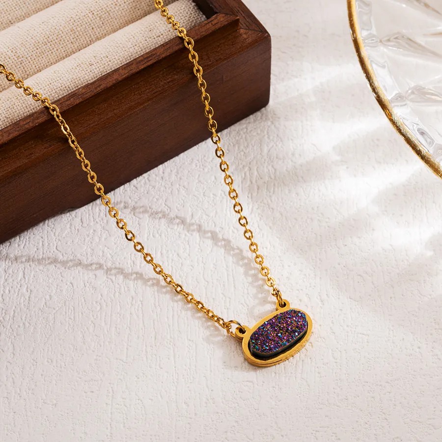 Shiny Oval Stainless Steel Natural Stone 18K Gold Plated Pendant Necklace_colorza_1