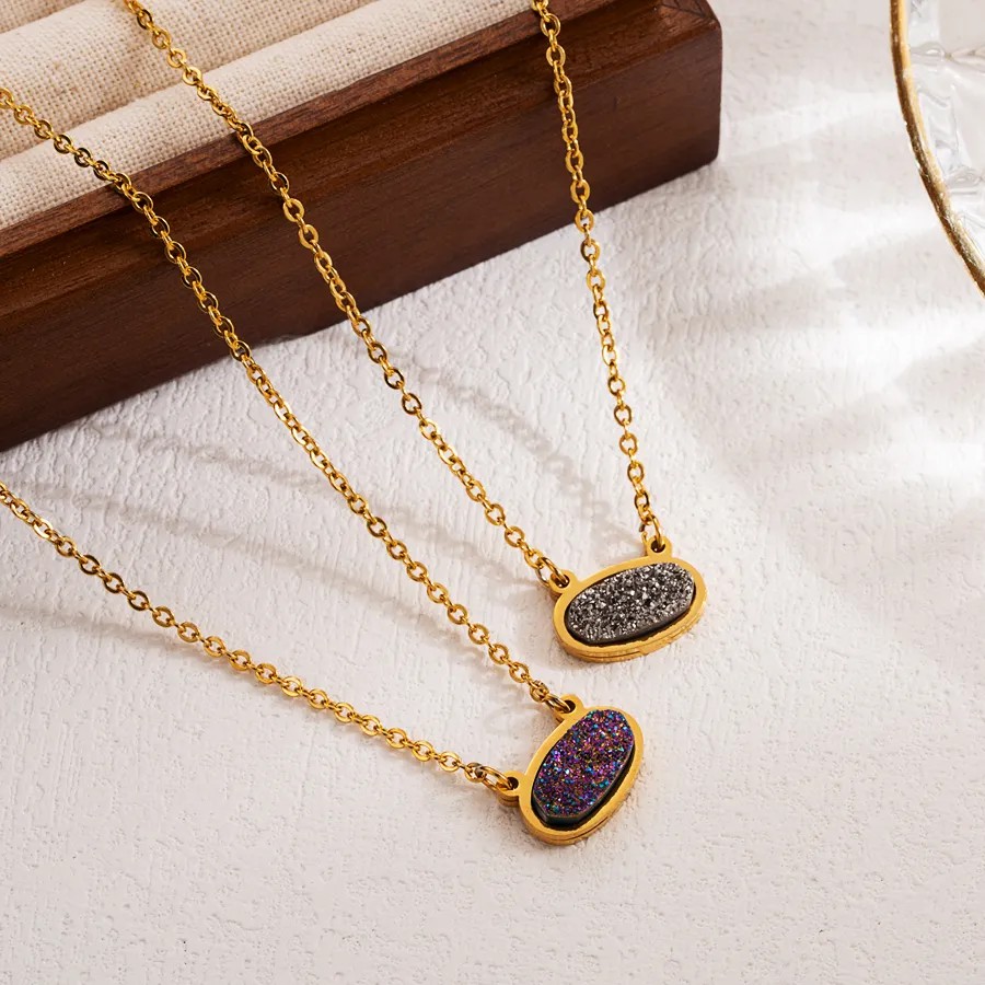 Shiny Oval Stainless Steel Natural Stone 18K Gold Plated Pendant Necklace_colorza_3