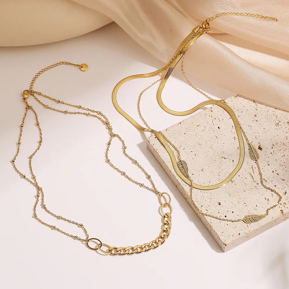 Modern Style Tree Feather Titanium Steel Plating 18K Gold Plated Layered Necklaces_colorza_4