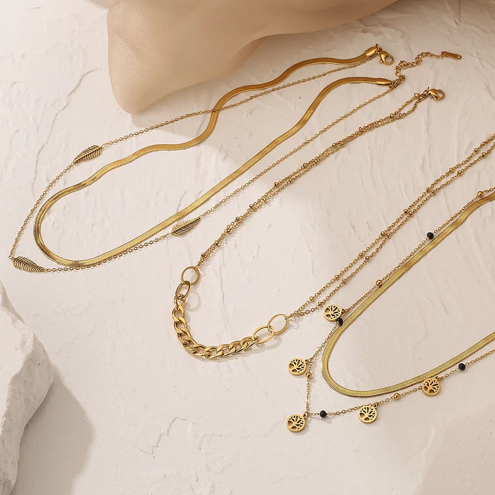 Modern Style Tree Feather Titanium Steel Plating 18K Gold Plated Layered Necklaces_colorza_5