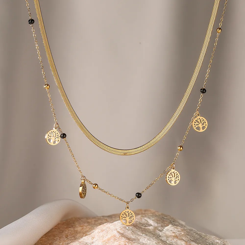 Modern Style Tree Feather Titanium Steel Plating 18K Gold Plated Layered Necklaces_colorza_7