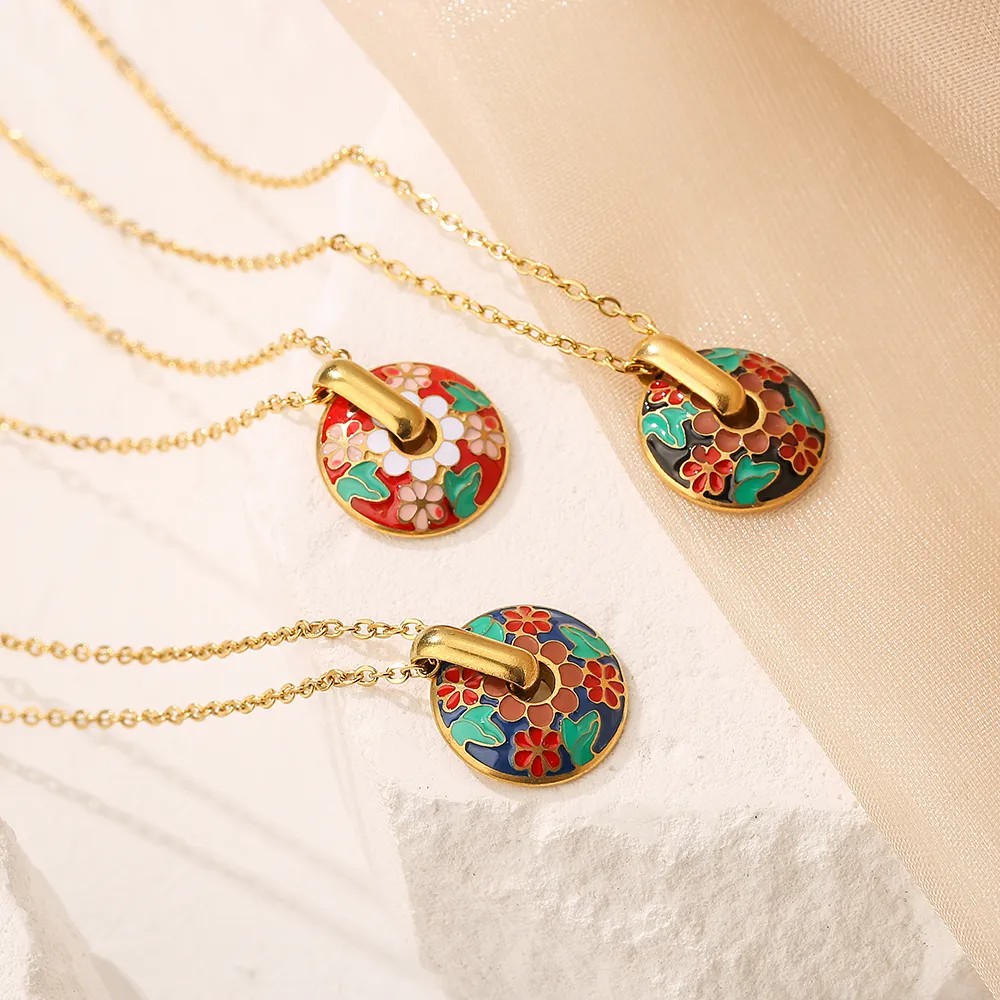 Elegant Flower Titanium Steel Enamel Plating 18K Gold Plated Pendant Necklace_colorza_2