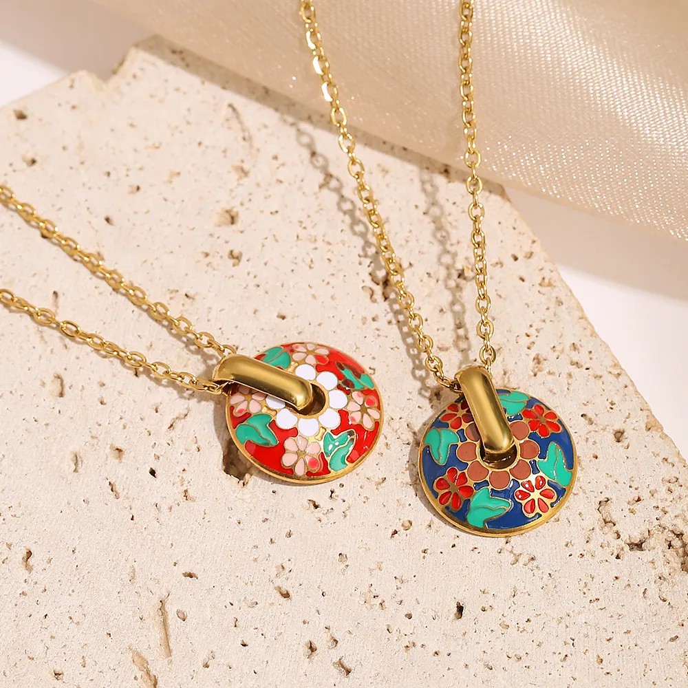 Elegant Flower Titanium Steel Enamel Plating 18K Gold Plated Pendant Necklace_colorza_3