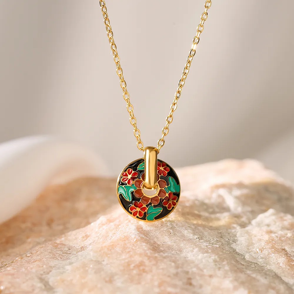 Elegant Flower Titanium Steel Enamel Plating 18K Gold Plated Pendant Necklace_colorza_4
