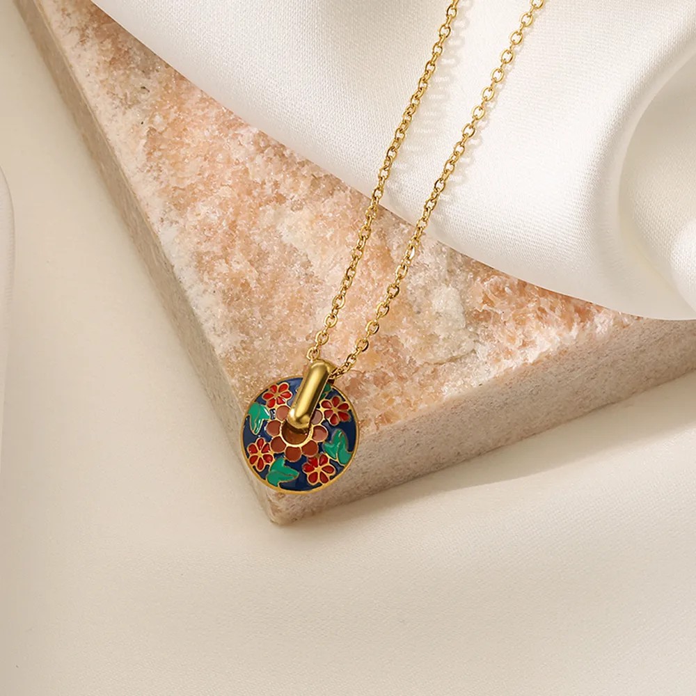 Elegant Flower Titanium Steel Enamel Plating 18K Gold Plated Pendant Necklace_colorza_5