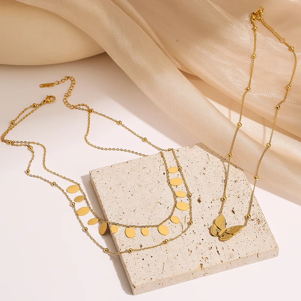Modern Style Oval Butterfly Titanium Steel Plating 18K Gold Plated Pendant Necklace_colorza_4