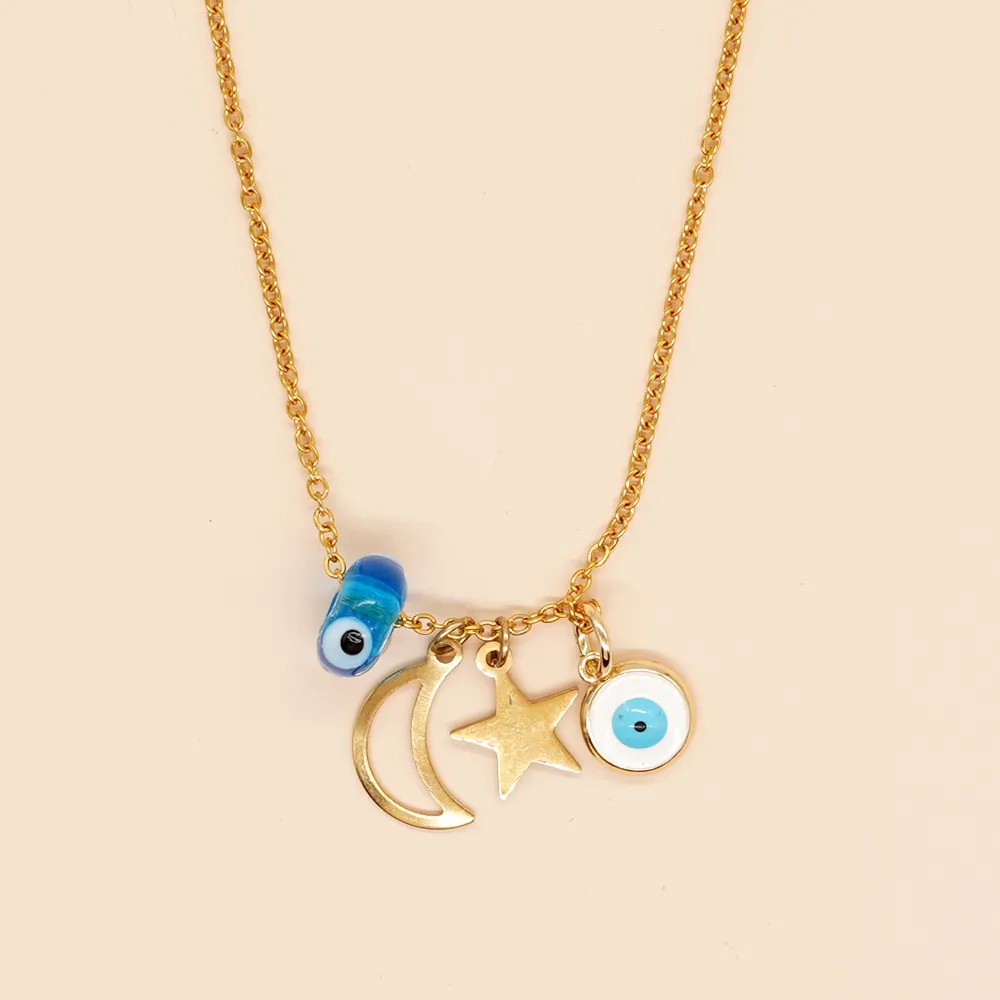 Simple Style Moon Crown Eye Stainless Steel Inlay Glass Necklace_colorza_8