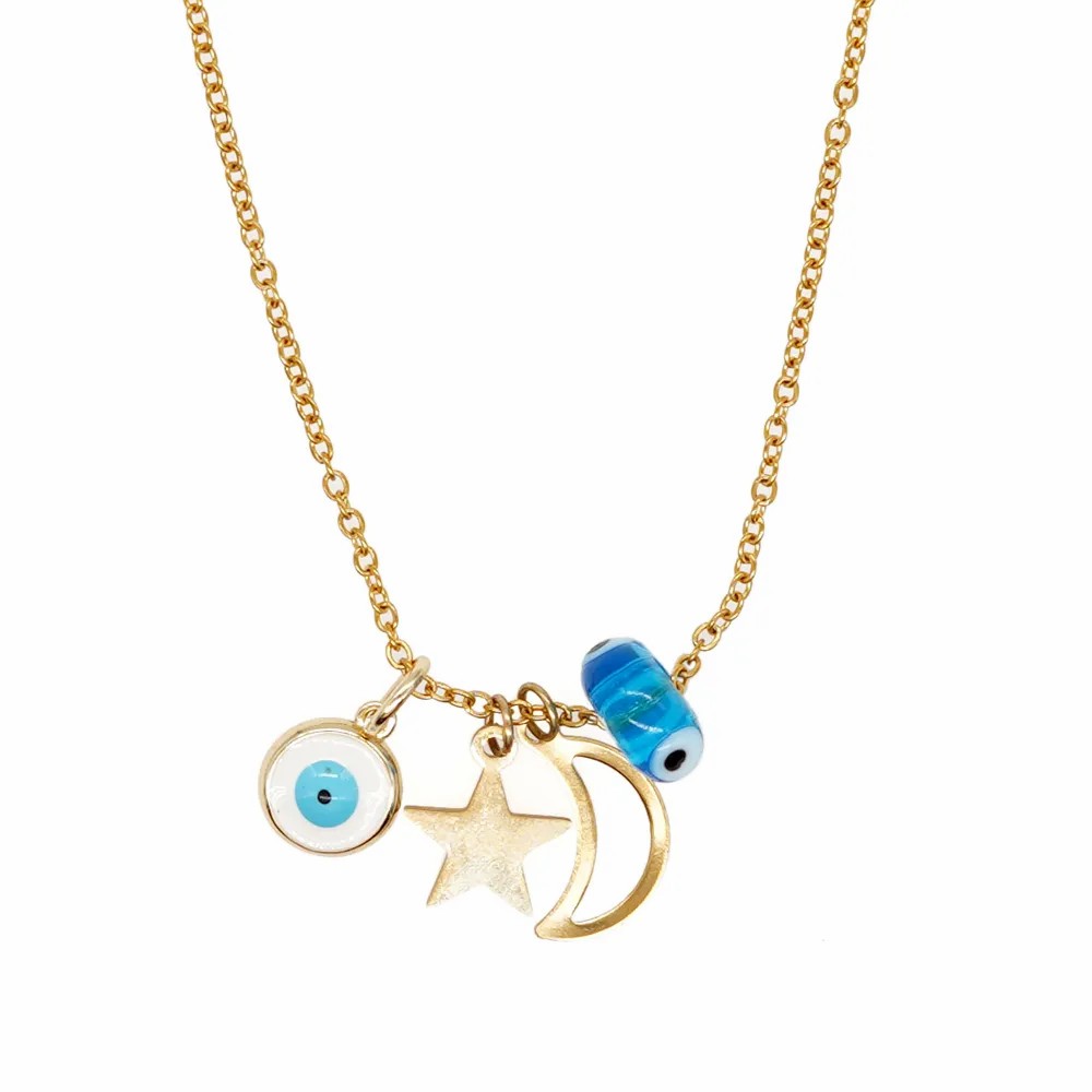Simple Style Moon Crown Eye Stainless Steel Inlay Glass Necklace_colorza_10
