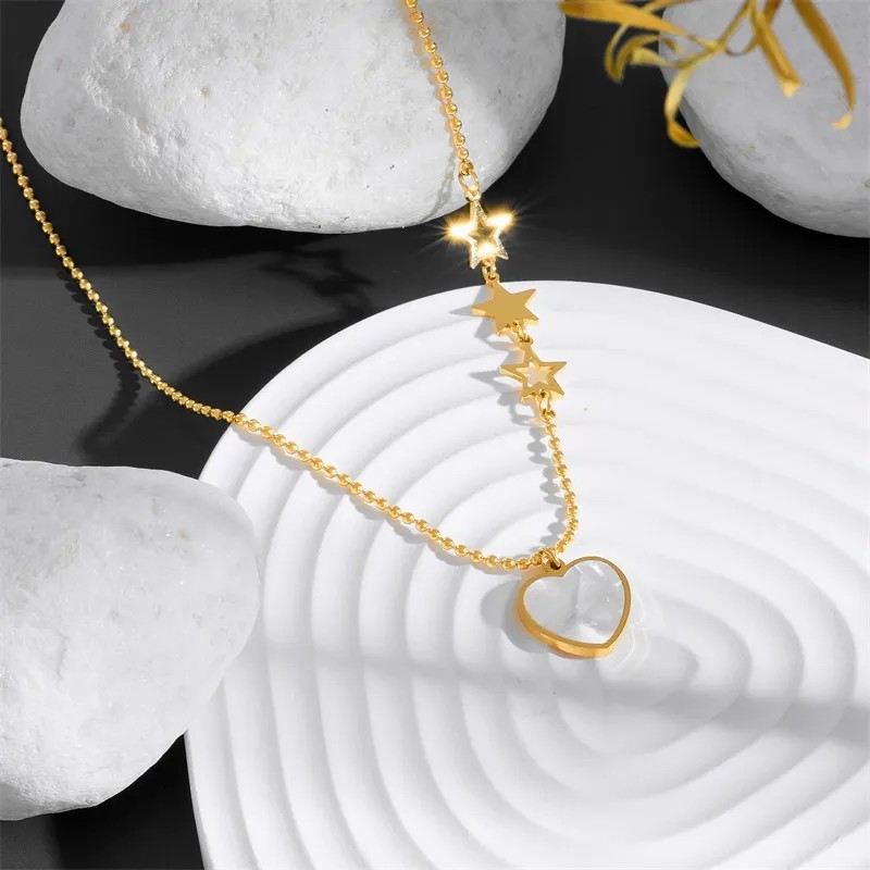 Glam Korean Style Pentagram Heart Shape Titanium Steel Plating Inlay Shell 18K Gold Plated Pendant Necklace_colorza_2