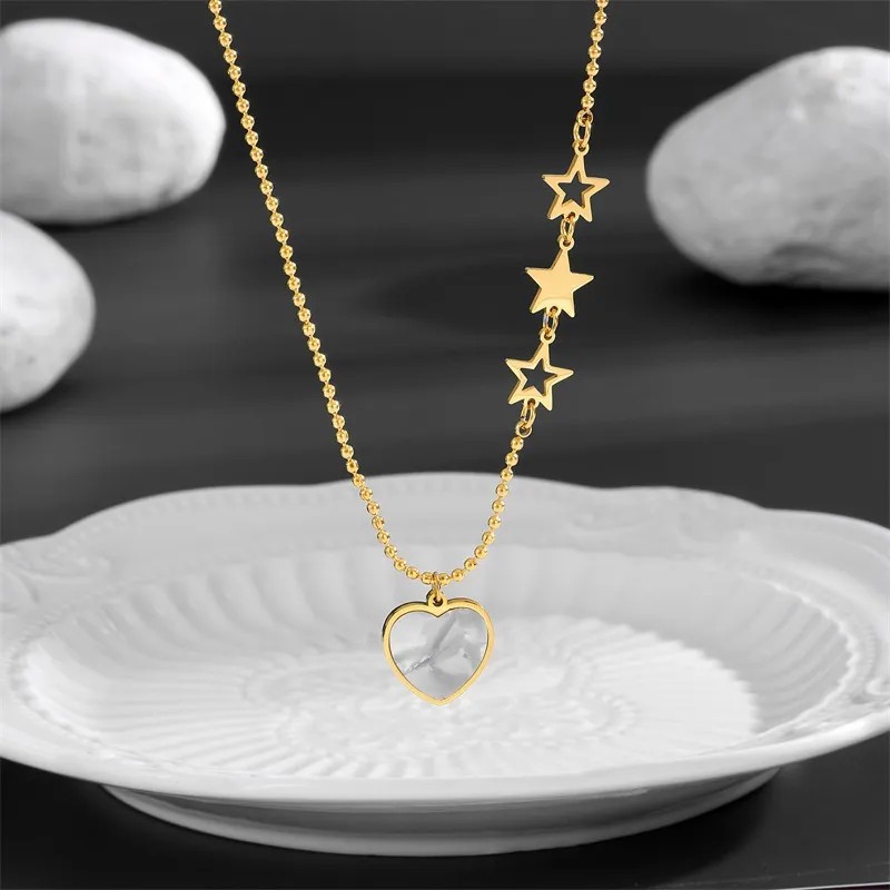 Glam Korean Style Pentagram Heart Shape Titanium Steel Plating Inlay Shell 18K Gold Plated Pendant Necklace_colorza_3