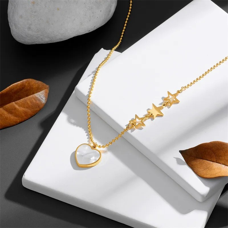 Glam Korean Style Pentagram Heart Shape Titanium Steel Plating Inlay Shell 18K Gold Plated Pendant Necklace_colorza_6