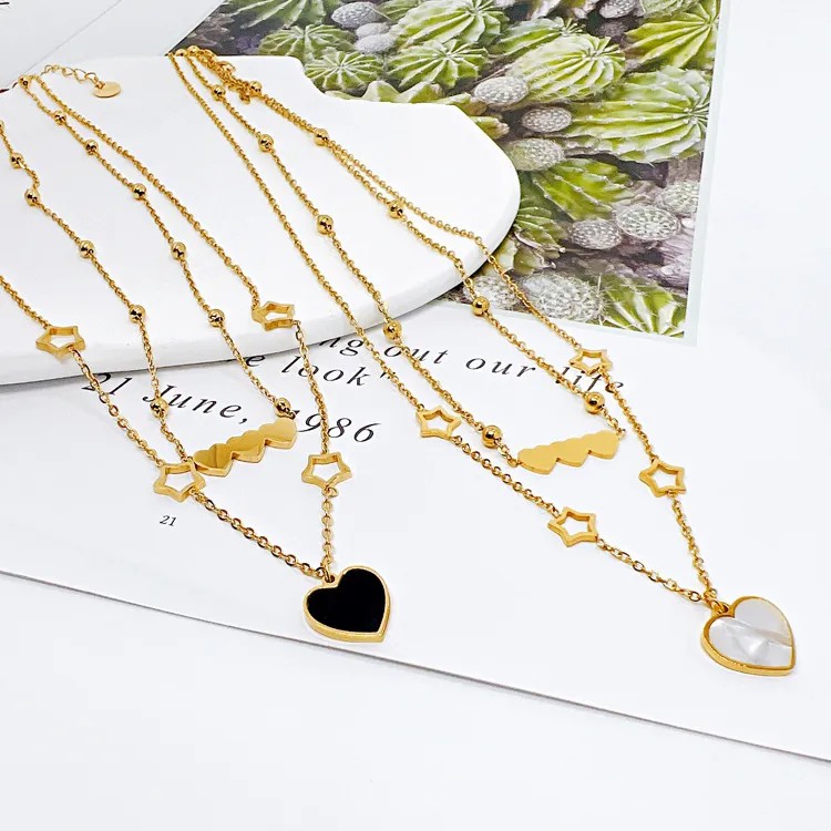 Luxurious Pentagram Heart Shape Titanium Steel Plating Inlay Shell 18K Gold Plated Pendant Necklace_colorza_4