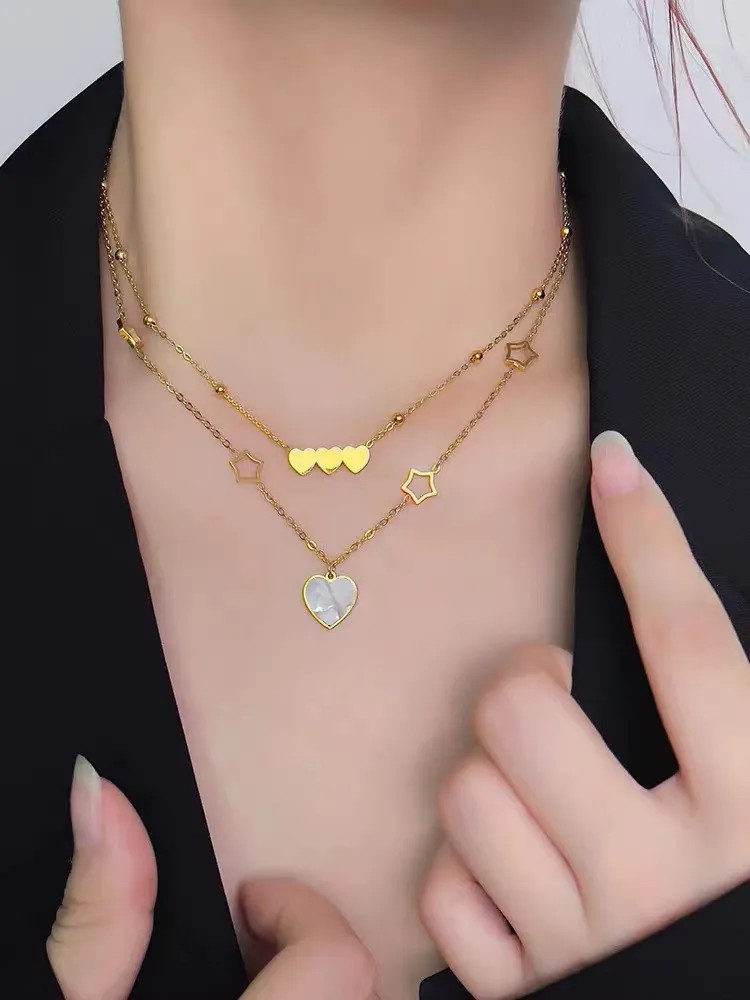 Luxurious Pentagram Heart Shape Titanium Steel Plating Inlay Shell 18K Gold Plated Pendant Necklace_colorza_5