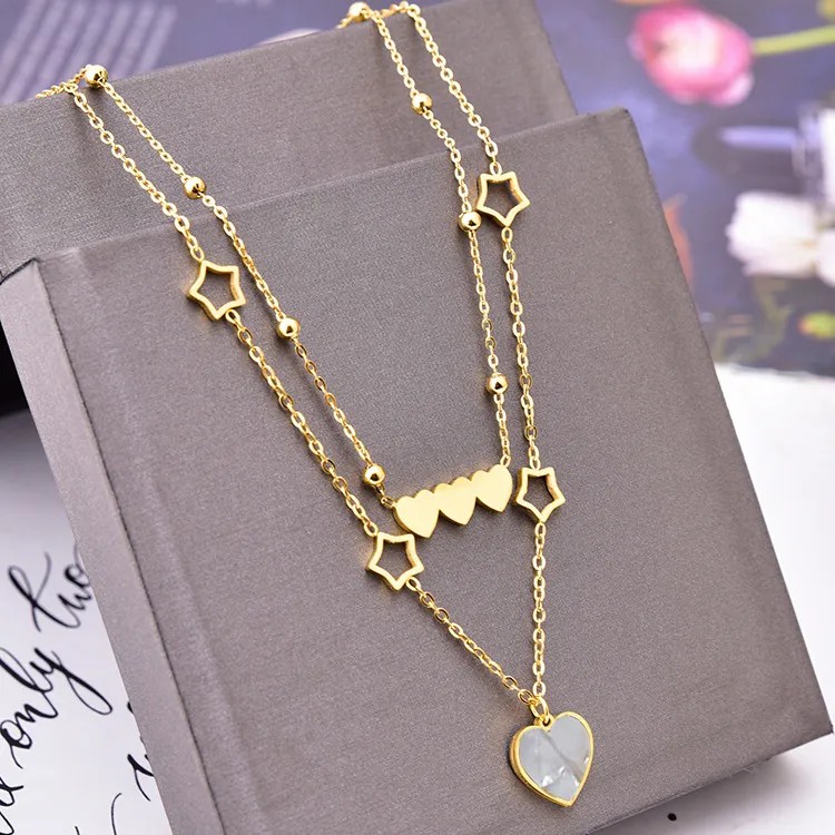 Luxurious Pentagram Heart Shape Titanium Steel Plating Inlay Shell 18K Gold Plated Pendant Necklace_colorza_8