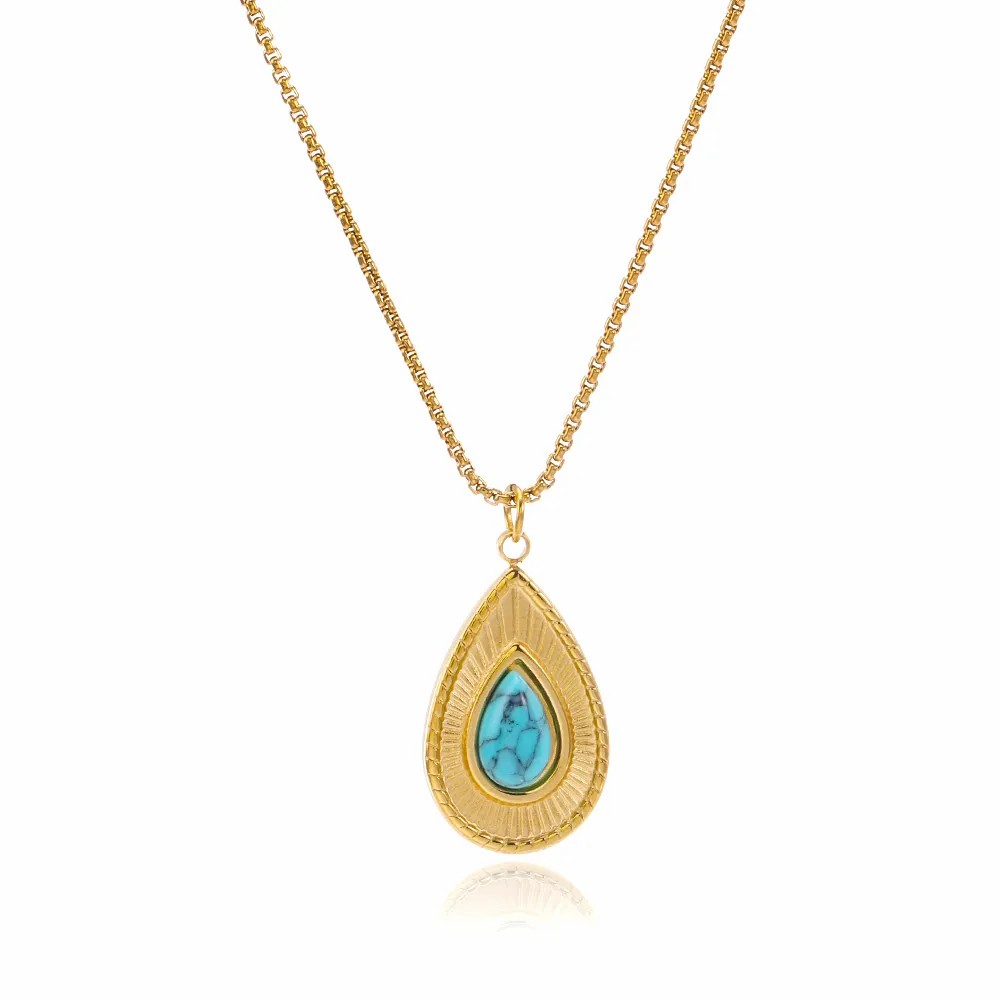 Simple Style Water Droplets Stainless Steel Inlay Turquoise 18K Gold Plated Necklace_colorza_1