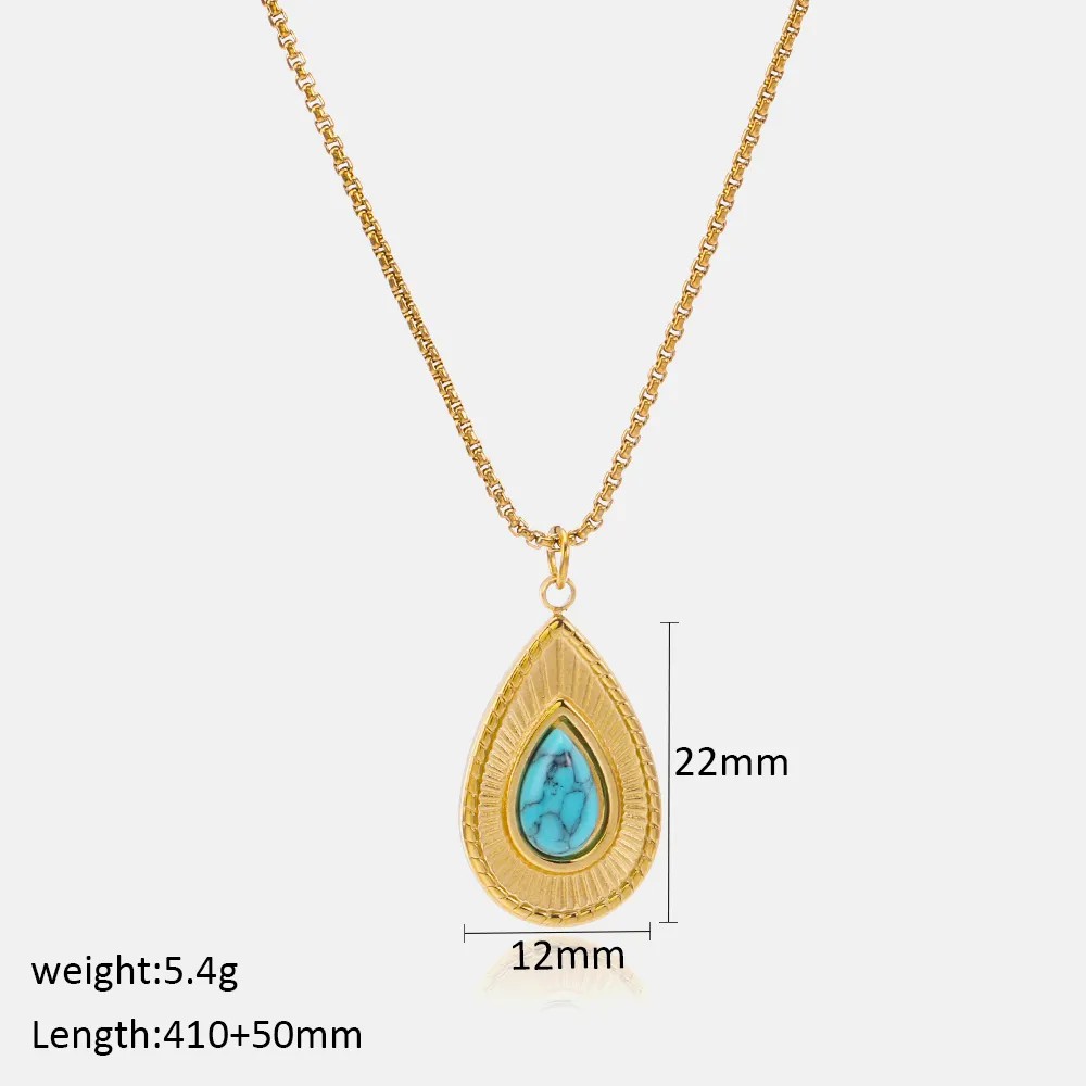 Simple Style Water Droplets Stainless Steel Inlay Turquoise 18K Gold Plated Necklace_colorza_2