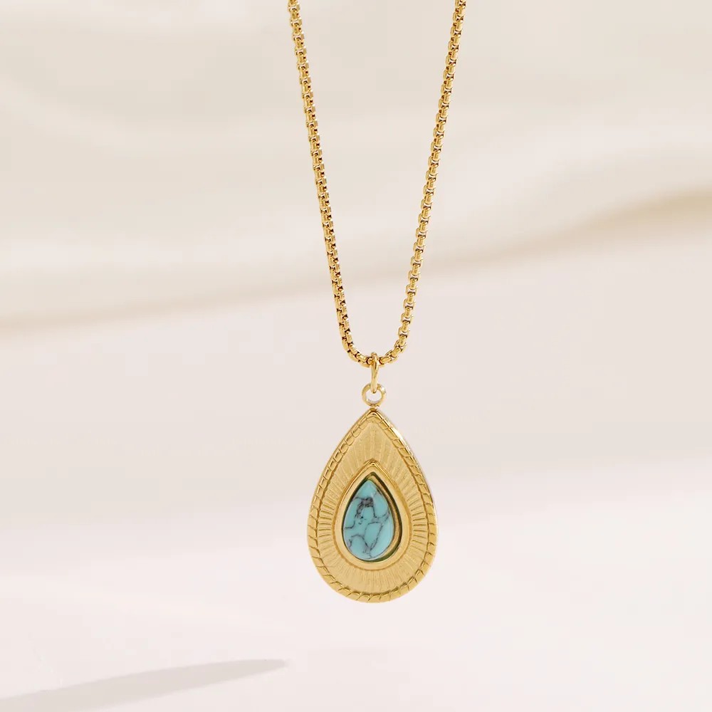Simple Style Water Droplets Stainless Steel Inlay Turquoise 18K Gold Plated Necklace_colorza_3