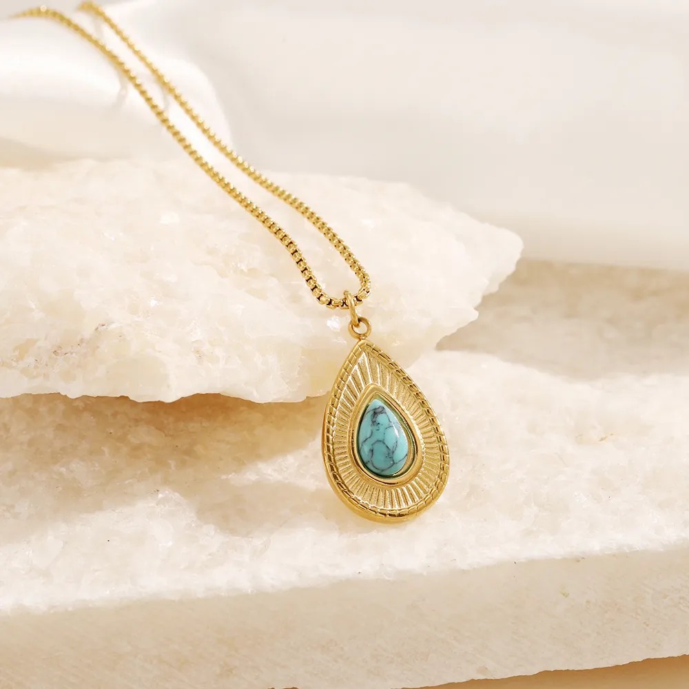 Simple Style Water Droplets Stainless Steel Inlay Turquoise 18K Gold Plated Necklace_colorza_4